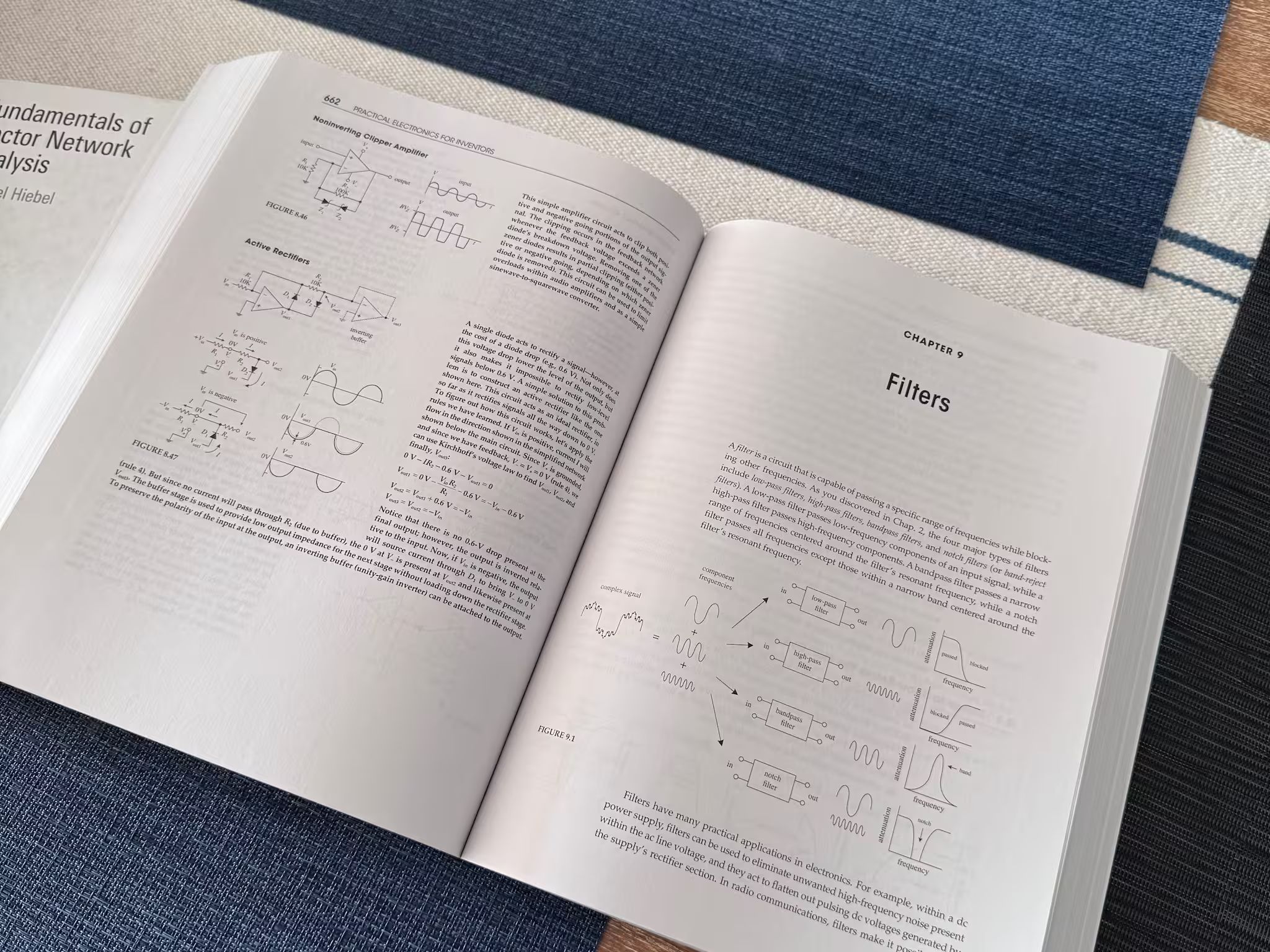 The book open at the start of Chapter 9, Filters, showing a diagram of low-pass, high-pass, bandpass and notch filters with their frequency responses.